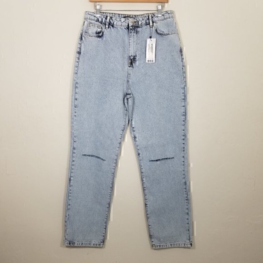NWT Boohoo Tall Ripped Knee Straight Leg Jeans Mid Blue Size 14